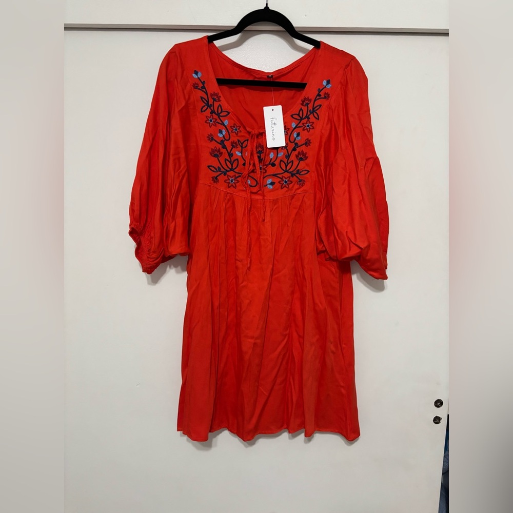 NWT Boho embroidered orange Sundress Women’s Large